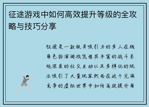 征途游戏中如何高效提升等级的全攻略与技巧分享